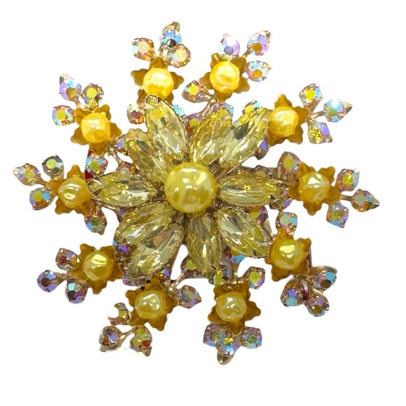 Vintage Jewelry - Vintage Layered Faux Pearl, AB Crystal & Citrine “Snowflake” Brooch